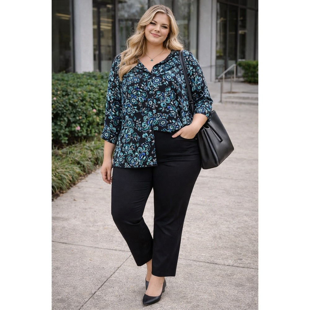 Lane Bryant WomensPlus 22/24 Floral Paisley Button Front Rayon Blouse Black Teal